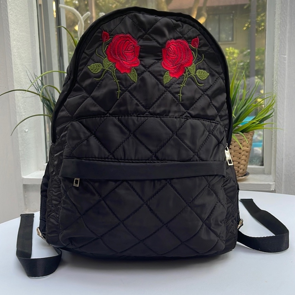 Embroidered Roses Black Quilted Backpack - Picture 2 of 16